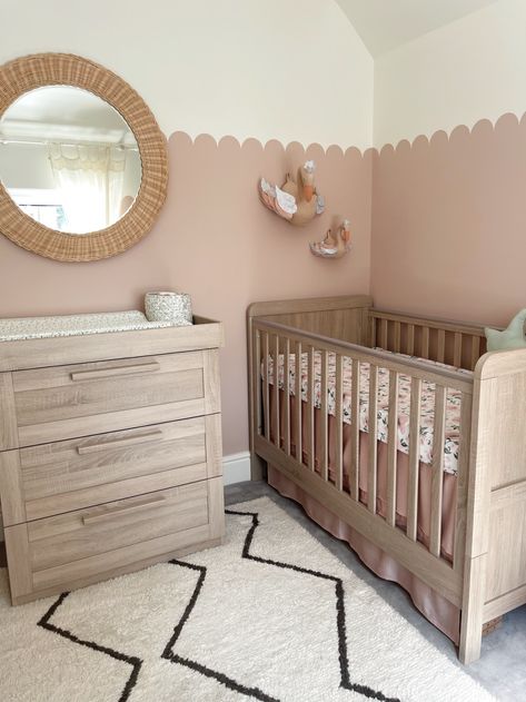 Pink And Wood Nursery Ideas, Nursery With Oak Furniture, Girls Nursery Ideas Small Room, Dusty Rose Pink Nursery, Dusk Pink Nursery, Dusky Pink Nursery Ideas, Baby Girl Nursery Neutral Blush, Nude Nursery Room, Pink And Wood Nursery