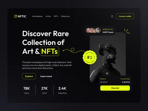 Learn how to create a successful NFT marketplace landing page with this comprehensive guide, covering everything from design and copywriting to SEO and #Dark_Theme_Landing_Page #Website_Hero_Design #Websites_Design_Inspiration #Landing_Page_Ui_Design Dark Theme Landing Page, Photography Website Templates, Portfolio Website Template, App Interface Design, Ui Design Website, Powerpoint Design Templates, Nft Marketplace, Webpage Design, App Interface