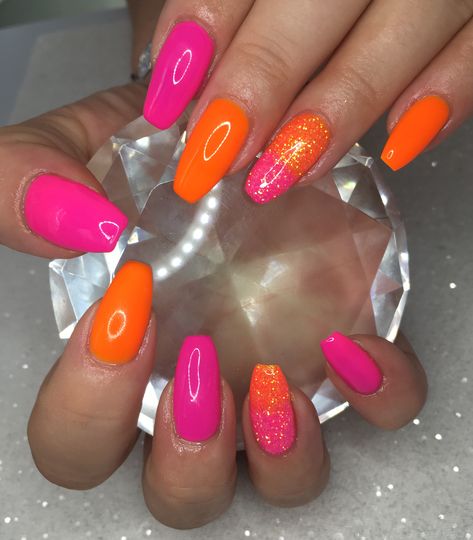 Nails Hot Pink And Orange, Bright Orange Nails With Glitter, Neon Pink And Orange Nails Summer Colors, Neon Nails With Glitter, Hot Pink Orange Nails, Neon Orange And Pink Nails, Bright Pink And Orange Nails, Pink And Orange Nails Design, Summer Nails Pink And Orange