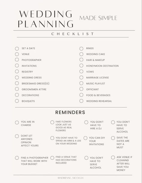 2 Month Wedding Planning, Minimalist Wedding Planning Checklist, Wedding Planner Layout, Best Times To Have A Wedding, Simple Wedding Planner Checklist, Planning A Cheap Wedding, To Do Wedding List, Wedding Ideas On A Budget Spring, How To Make A Wedding Planner