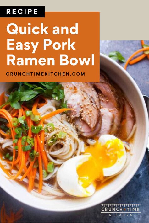 This quick Pork Ramen Bowl is amazing. This pork ramen soup recipe is a real weeknight dinner champion. If you want something quick and easy for dinner this pork ramen recipe is it. This is a great ramen bowl using food hacks and shortcuts to make one easy and healthy meal idea. Add a soft-boiled egg, some healthy and fresh cilantro, and shredded carrots, and enjoy this healthy comfort food tonight. Pork Ramen Recipe, Ramen Noodle Recipes Soup, Ramen Soup Recipes, Ramen Ingredients, Pork Ramen, Ramen Recipe, Pork Soup, Homemade Ramen, Shredded Carrots