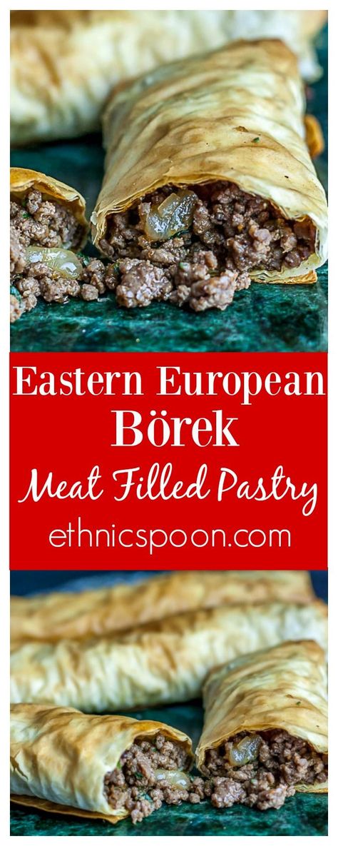 You will love Burek or Börek as it is called.  Burek is extremely versatile as it can be made with various fillings. The most common being meat (lamb is usually the choice) with onions, or feta and spinach. These are the fillings found most in Slavic cuis Appetizers Puff Pastry, Filled Pastries, Eastern European Recipes, Savory Pies, Phyllo Dough, Meat Pie, European Food, Eastern European, Middle Eastern Recipes