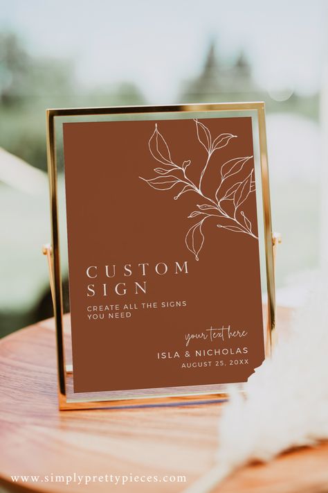 Make unlimited signs with one custom sign template ..... our beautiful Terracotta Custom Wedding Sign. With a unique and stylish botanical line design, this sign is perfect for creating a personalized touch to your special day. Personalize the sign with your names, wedding date, or special messages. Our Terracotta Custom Wedding Sign is the perfect way to add a special element to your once-in-a-lifetime event. Eucalyptus Wall Decor, Line Art Wedding, Printable Wedding Sign, Custom Wedding Signs, Line Art Design, Desert Wedding, Autumn Wedding, Printable Wedding, Modern Fonts