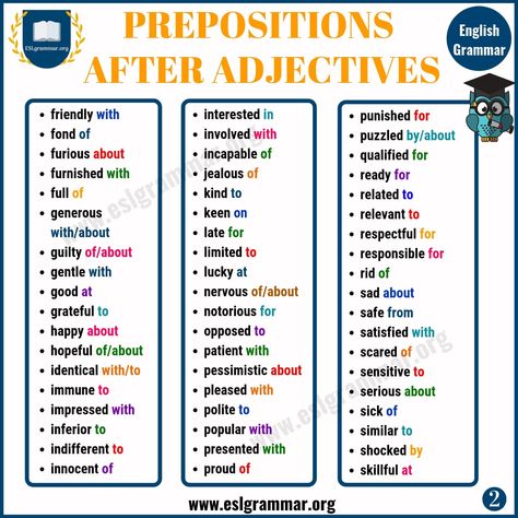 130+ Prepositions after Adjectives | Adjectives & Prepositions - ESL Grammar Adjective With Preposition, Adjectives Prepositions, Esl Grammar, English Grammar For Kids, English Adjectives, Grammar For Kids, Prepositional Phrases, Reading Assessment, Teaching English Grammar