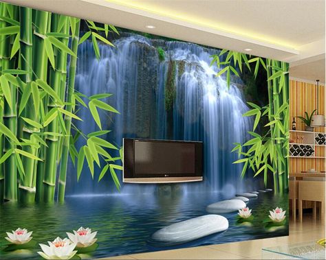 Modern Wallpaper Living Room, Waterfall Background, 3d Wallpaper Living Room, Waterfall Wallpaper, Living Room Murals, 3d Wallpaper Mural, Unique Farmhouse Decor, Waterfall Photo, Wallpaper Ceiling