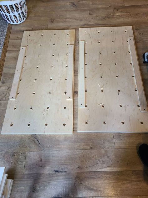 Peg Board Shelves Diy, Pegboard Shelf Diy, Diy Giant Pegboard, Pegboard For Wood Shop, Hinged Pegboard, Pegboard Hardware, Diy Peg Board, Peg Board Shelves, Finished Plywood