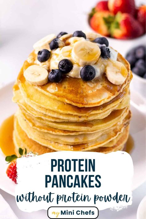 These delicious, super fluffy Protein Pancakes are made without protein powder, but just a few wholesome ingredients that are packed with nutrients. Wheat germ, ground flaxseed, whole wheat flour and bread flour create a protein loaded pancake recipe that makes an easy breakfast for everyone. Protein Pancakes Without Protein Powder, Protein Food Ideas, High Protein Meal Ideas, Protein Snack Ideas, Vegan Protein Pancakes, Protein Meal Ideas, Easy Protein Pancakes, Back To School Recipes, Protein Pancakes Recipes