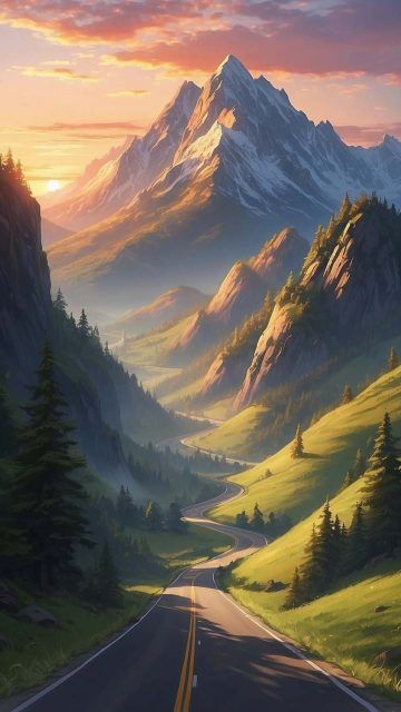 Valley Road iPhone Wallpaper HD Sunrise Over Mountains Painting, Sun Rise Photography Mornings, Sunrise Behind Mountains, Sun Rise Painting, Road Iphone Wallpaper, Rising Sun Wallpaper, Drawing Borders, Hall Painting, Nature Valley