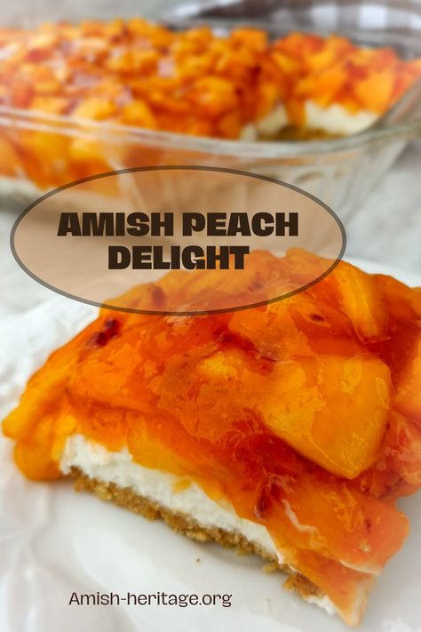 Peach Delight dessert with fresh peaches Cream Cheese Peach Pie Delight, Fresh Peach Delight, Amish Fruit Salad, Peach Jello Cake, Peach Jello Recipes, Peach Delight Dessert, Cold Peach Desserts, Peach Jello Dessert, Peach Dessert Recipes Summer