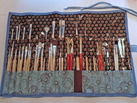 blue paintbrush roll-up - open_500px Rangement Art, Paint Brush Holders, Yarn Storage, Laminated Fabric, Brush Roll, Easels, Sewing Organization, Fabric Bags, Sewing Bag