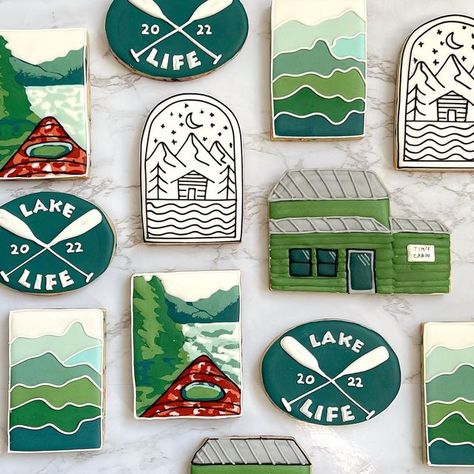 Cabin Cookies Decorated, Camping Sugar Cookies, Kayak Cookies, Cabin Cookies, Camp Cookies, Sketch Journaling, Travel Cookies, Mountain Cookies, Camping Cookies