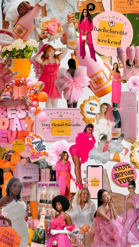 Pink Orange White Bachelorette, Bride In Pink Bachelorette, Orange And Pink Bachelorette Party Outfits, Veuve Before The Vows, Bright Colour Bachelorette Party, Color Themed Bachelorette Party, Preppy Bachelorette Theme, Pink And Yellow Bachelorette Party, Veuve Bachelorette Theme