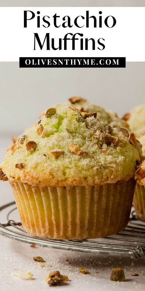 These pistachio muffins are fluffy, incredibly moist and filled with sweet and nutty pistachio flavor. They’re bakery style muffins with beautiful tall, domed tops coated in a sugar pistachio crust. Jumbo Pistachio Muffins, Bakery Style Pistachio Muffins, Pistachio Muffins Recipe, Pistachio Muffins, Honey Muffins, Basic Muffin Recipe, Buttermilk Muffins, Banana Coffee Cakes, Walnut Muffins