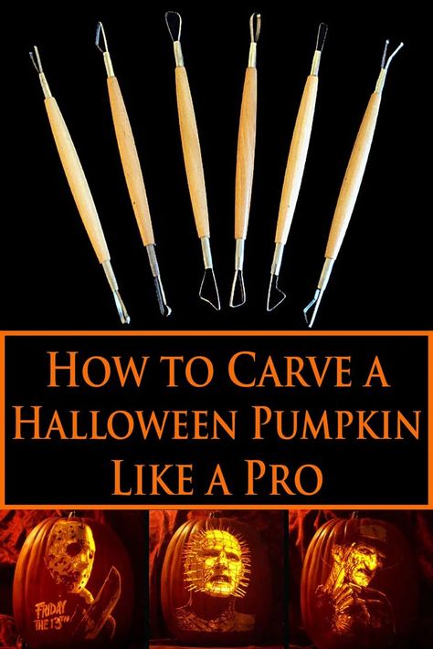 A set of pumpkin carving tools with 3 carved pumpkins. Shaved Pumpkin Carving, Pro Pumpkin Carving, Pumpkin Mushroom Carving, How To Crave A Pumpkin, Diy Pumpkin Carving Ideas Easy, Pumpkin Dremel Carving, Pumpkin Surface Carving, Scary Pumpkin Ideas For Halloween, Best Way To Carve A Pumpkin