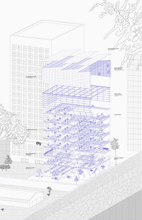 Adaptive-Reuse of Parking Lots into a urban food hub<!-- --> – KoozArch<!-- --> Exploded Axon Diagram, Adaptive Reuse Diagram, Exploded Axonometric Architecture, Structure Exploded Axonometric, Historic Preservation Architecture Adaptive Reuse, Food Hub, Wooden Cabins, Thermal Bath, Architecture Concept Diagram