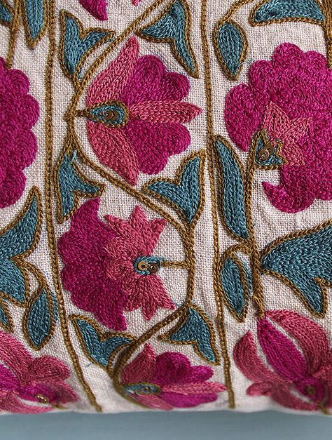 Buy Suzani Inspired Pink-Multicolor Embroidered Linen Cushion Cover (16in x 16in) Online at Jaypore.com Peruvian Embroidery, Kashida Embroidery, Embroidery Cushion, Kutch Work Designs, Cushion Covers Online, Cushion Embroidery, Bee Embroidery, Diy Jar Crafts, Hand Work Embroidery