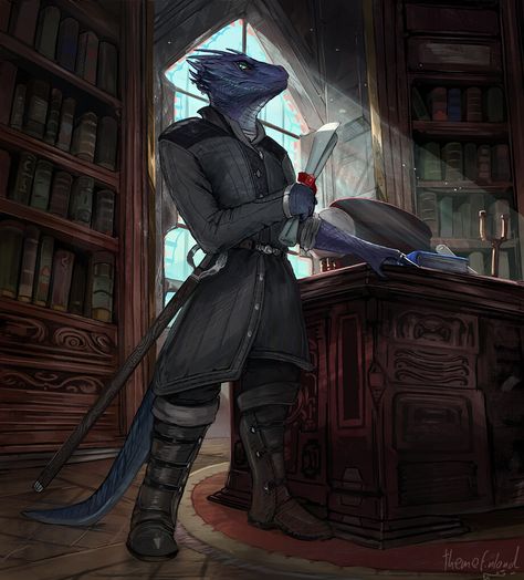 Arcane Trickster Rogue, Rogue Arcane Trickster, Male Dragonborn, Blue Dragonborn, Library Magic, Half Dragon, Dnd Dragonborn, Arcane Trickster, Magic Books