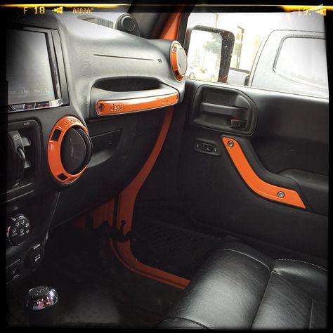 color matched interior for Jeep Jeep Wrangler Orange Interior, Orange Jeep Wrangler Accessories, Jeep Wrangler Girly, Orange Jeep Wrangler, Jeep Overland, Silver Jeep, Jeep Wrangler Interior, Orange Jeep, Black Jeep Wrangler