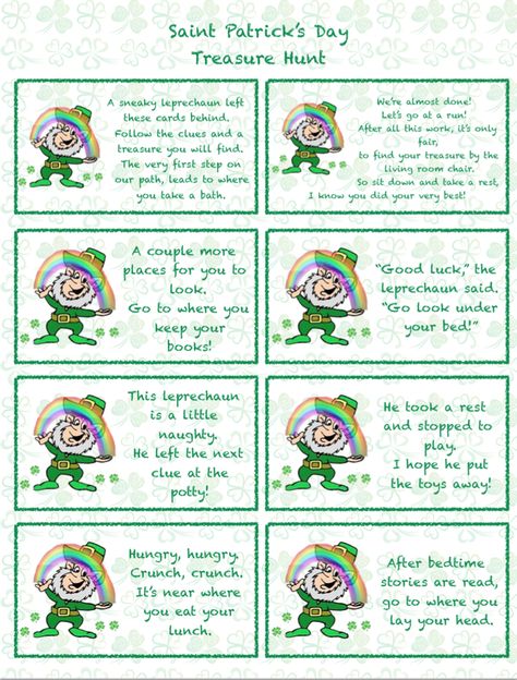 Free printable Saint Patrick's Day treasure hunt clues. 24 clues- mix and match- plus blanks! Leprechaun Scavenger Hunt, St Patrick's Day Printables, Leprechaun Tricks, Treasure Hunt For Kids, Treasure Hunt Clues, St Patricks Crafts, St Patricks Day Crafts For Kids, St Patrick Day Activities, Scavenger Hunt For Kids