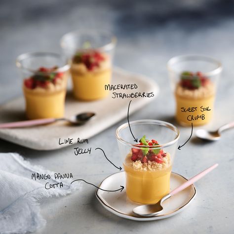 Canape Food, Mango Panna Cotta Recipe, Canapes Catering, Mango Panna Cotta, Macerated Strawberries, Tropical Desserts, Canapes Recipes, Panna Cotta Recipe, Mobile Catering