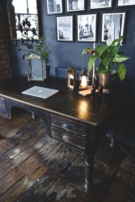 Dark Moody Home, Witch Office, Moody Home Office, Edwardian Desk, Office Work Space, Moody Home, Stiffkey Blue, Dark Wall, Dark Interiors