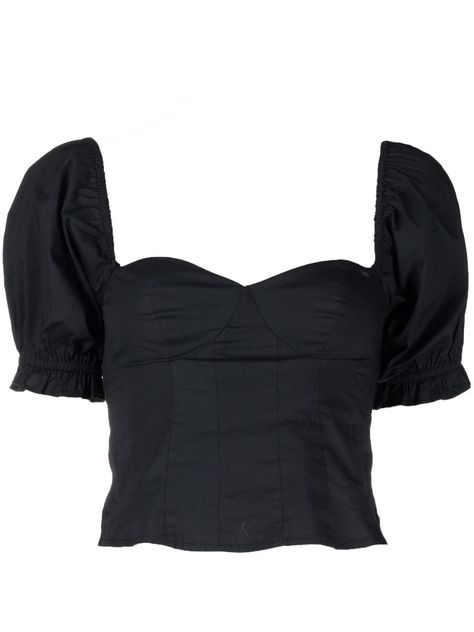 Lina sweetheart-neck crop top from STAUD featuring black, stretch-cotton, sweetheart neck, short puff sleeves, ruffle hem, cropped and square open back. Puff Sleeve Crop Top, Corset Bodice, Cut Top, Dress Halloween Costume, Fitted Blouses, Designer Blouses, Neck Crop Top, Puffed Sleeves, Puff Sleeve Top