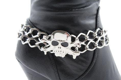 Silver Metal Boot Bracelet Chains Skull Skeleton Bling Anklet Charm Heels New Women Biker Style Girlfriend Clothes, Boot Charms, Motorcycle Fashion, Biker Stuff, Man Jewelry, Boot Chains, Anklet Chain, Western Shoes, Character Clothing