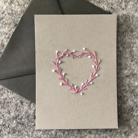 Embroidered Valentines Cards, Christmas Paper Embroidery, Simegraphy On Paper, Heart Thread Art On Paper, Sewing On Cards, Thread On Paper, Sewing Birthday Cards, Sewing On Paper Cards, Valentine Embroidery Designs Ideas