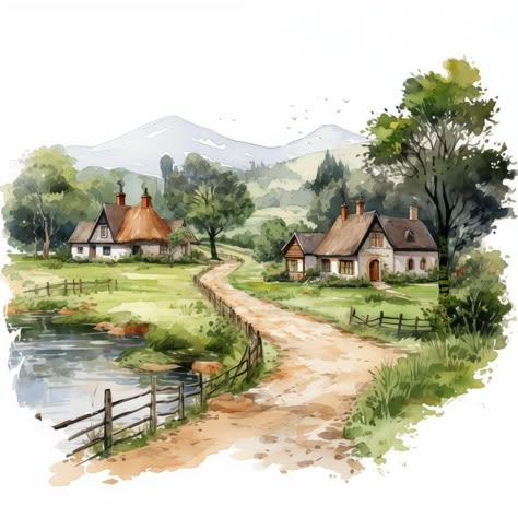 10 Village Landscape Cliparts Watercolor Village Painting, Old Village Drawing, Landscape Village Paintings, Villages Drawing, Watercolor Art Landscape Village, Landscape Paintings Village, Village Drawing Landscapes, Stopmotion Idea, Village Life Aesthetic