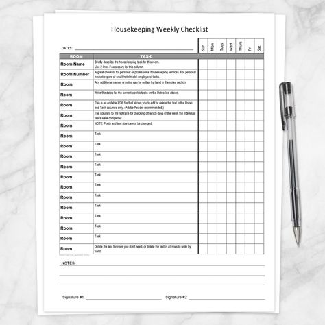 Printable Housekeeping Weekly Checklist Editable PDF | Etsy Hotel Housekeeping, Weekly Checklist, Stationery List, Assignment Sheet, Business Hotel, Bookkeeping Templates, Small Business Planner, Cleaning Business, Small Hotel