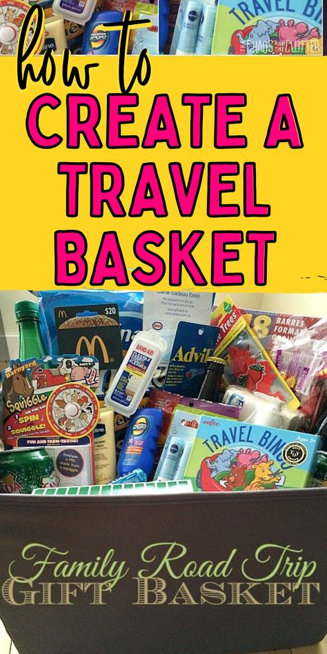 Vacation Basket Ideas, Travel Basket Gift Ideas Road Trips, Road Trip Basket Ideas, Vacation Basket Gift, Road Trip Basket For Adults, Travel Goodie Bags For Adults, Travel Basket Gift Ideas, Road Trip Gift Basket Ideas, Travel Gift Basket Ideas