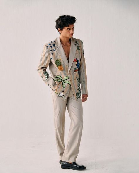 PERTE D’EGO on Instagram: "Make way for the “Suit of the season” ☀️🦜🌴 Our Tropical hand embroidered double breasted blazer and classic pants are thr perfect match for those summer soirées and afternoon brunches in Italy ☀️🌴 Each motif is hand embroidered and appliquéd on the blazer to create a one of a kind piece.  The Tropical double breasted blazer and pants will be launching on 03.20.2024 at 10:00 AM EST. Limited to 50 pieces. Comment below to save yours 🌴🦜" Embroidery Designs For Men Blazer, Tailored Embroidered Wedding Blazer, Embroidered Blazer Men, Tailored Semi-formal Embroidered Tuxedo, Embroidered Suit Jacket, Luxury Menswear-inspired Linen Blazer, Printed Shirt Outfit, Applique Jacket, Shirt Outfit Men