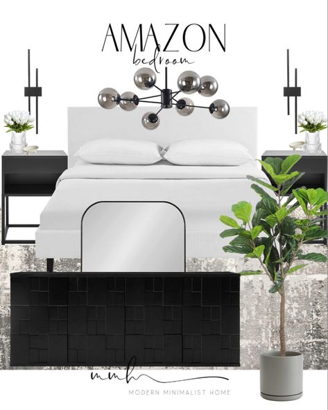 White Bed Black Nightstand, White Bedding Black Nightstand, Black Mirror Behind Nightstand, Neutral Bedroom With Black Nightstands, White Nightstand Black Bedframe, Guest Bedroom Modern, Wayfair Dresser, Dresser Bedroom Ideas, Affordable Nightstands