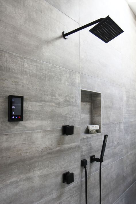 Toilet Tiles Design, Matte Black Shower Fixtures, Shower Remodel Ideas, Shower Design Ideas, White Mosaic Tiles, Toronto Interior Design, Stone Accent Walls, Bathroom Layouts, Modern Bathroom Tile