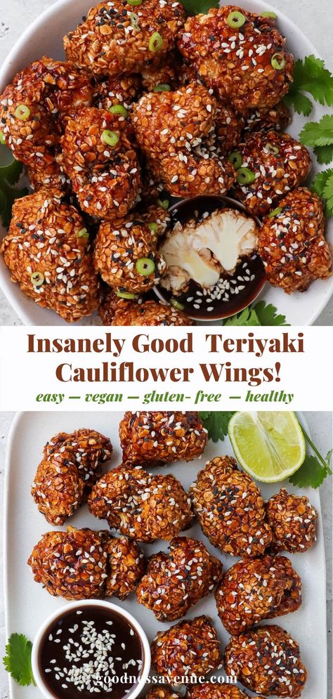 Cauliflower battered to look like "chicken wings". Clean Eating Recipes Vegan, Gluten Free Vegan Appetizers, Vegan Gluten Free Meals, Oven Cauliflower, Cauliflower Teriyaki, Vegetarian Gluten Free Recipes, Gluten Free Side Dishes, Vegan Cauliflower Wings Air Fryer, Veggie Appetizer