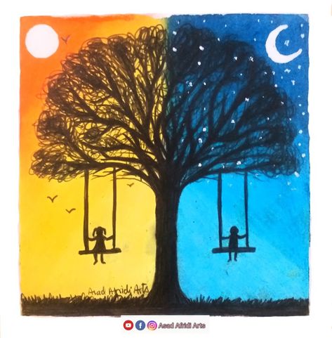 Day & Night Scenery / Oil Pastel Colors / Drawing / Youtube, Facebook & Instagram 👉 Asad Afridi Arts Drawing Sky, Bride And Groom Silhouette, Sun Clouds, Pastel Sunset, Travel Landscape, Alphabet Activities Preschool, Oil Pastel Art, Oil Pastel Drawings, Night Scenery