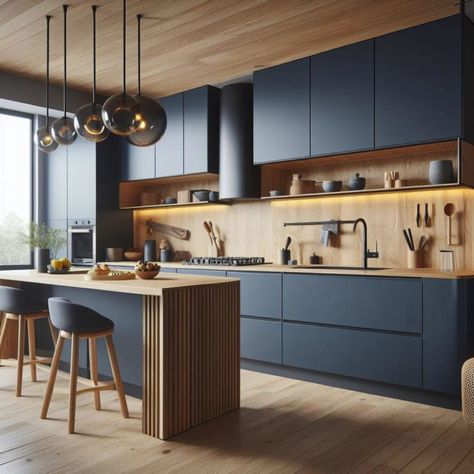 Kitchen Blue And Wood, Kitchen Design Navy Blue, Modern Navy Kitchen, Blue Wood Kitchen, Blue And Wood Kitchen, Navy Kitchen Ideas, Kitchen Colour Combination, Kitchen Layout Ideas, Minimal Kitchen Design