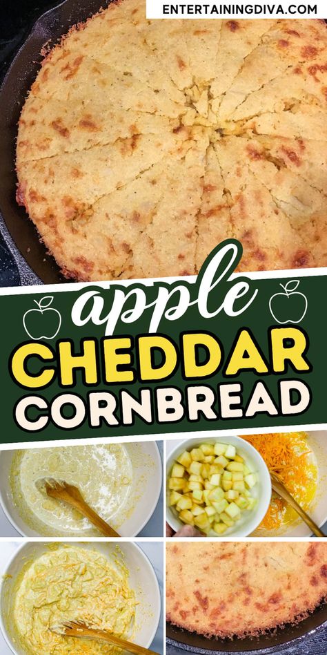 Apple Cheese Skillet Cornbread | Holiday Recipes Apple Cornbread, Skillet Cornbread Recipe, Holiday Dinner Menu, Apple Cheese, Cornbread Recipe Sweet, Cheddar Cornbread, Holiday Recipes Thanksgiving, Thanksgiving Potluck, Southern Recipe