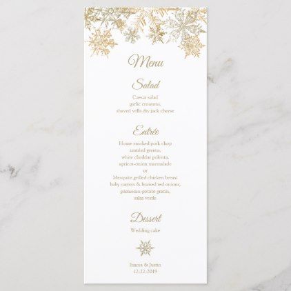 Winter Menu Rackcard Gold Snowflakes New Years Eve Dinner, Elegant Winter Wedding, Winter Wonderland Theme, Gold Snowflake, Christmas Menu, Winter Wonderland Wedding, Wedding Menu Cards, Menu Card, Wonderland Wedding