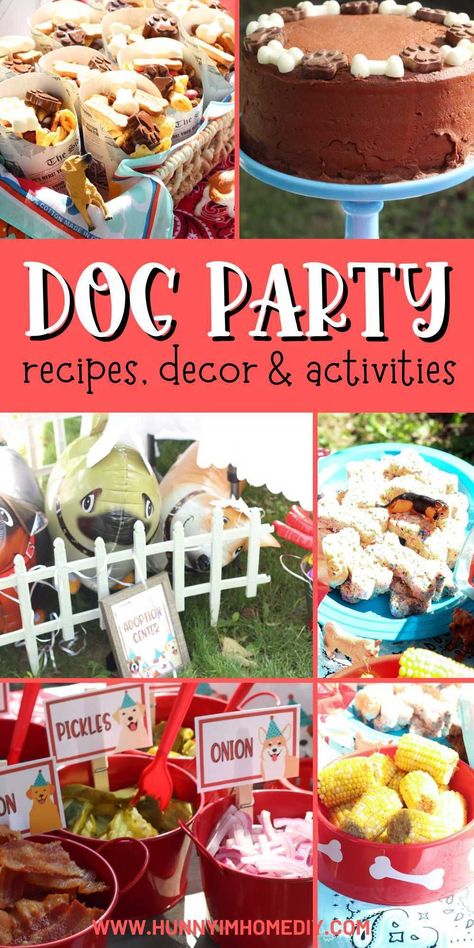 Looking for ideas for a dog themed birthday party? Your kid will love this cute puppy party! Get ideas for fun food and recipes, DIY decorations, activities and games for all the little ones at your celebration. It's an easy party theme perfect for kids of any age. Dog Charcuterie Board Birthday, Dog Theme Party Drinks, Food For Puppy Theme Party, Dog Party Theme Food, Doggy Party Ideas Puppy Birthday, Food For A Dog Themed Party, Birthday Party Ideas For Dogs Pets, Dog Themed Party Snacks, Dog Birthday Party Food Ideas