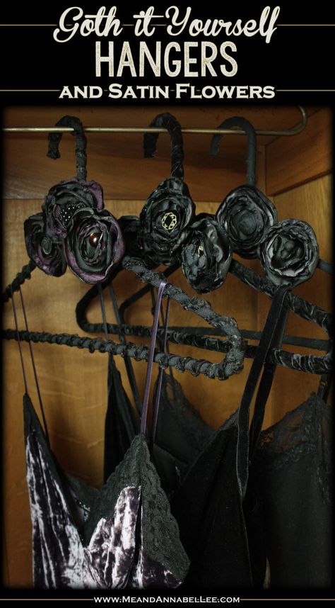 Gothic Fabric Covered Decorative Hangers with Fabric Flowers | Black Wedding | Me and Annabel Lee Goth It Yourself, Gothic Fabric, Black Velvet Hangers, Gothic Crafts, Handmade Hanger, Annabel Lee, Fleurs Diy, Velvet Hangers, Vintage Goth