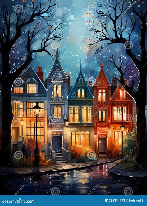 A Row of Houses with Trees and Street Lights Stock Illustration - Illustration of light, nature: 293384772 Houses Inspiration, Lights Illustration, Winter Lantern, Row Of Houses, Street Lights, Row House, Clear Sky, Green Trees, Dark Night