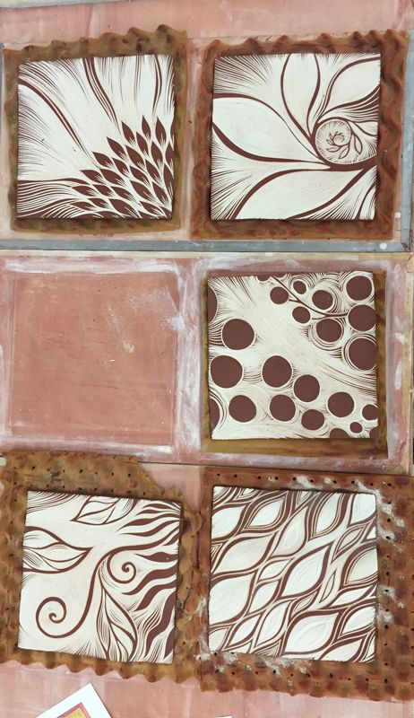 Abstract designs sgraffito carved at Natalie Blake Studios in Vermont Sgrafitto Tiles, Sgraffito Tile Designs, Sgraffito Leaves, Clay Tiles Designs, Sgraffito Tiles, Sgraffito Bird Designs, Fox Sgraffito, Cool Tiles, Carved Tiles Handmade Ceramic