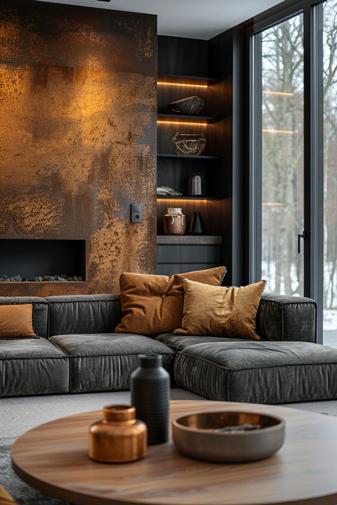 living room decor, living room inspiration, living room ideas, black and brown living room Rustic Elegant Living Room Decor, Black On Black Living Room, Next Bronx Living Room, Dark Brown Fireplace Living Room, Vintage Elegant Living Room, Brown And Black Living Room Ideas, Grand Living Room Ideas, Boho Decorations Living Room, Cabin Style Living Room Rustic