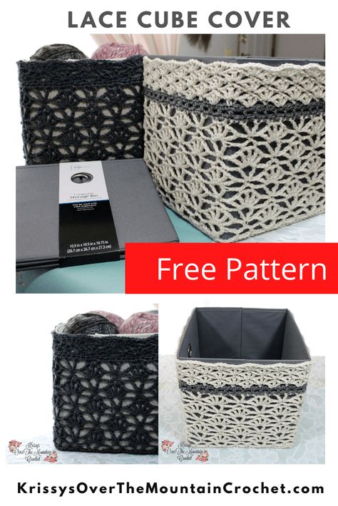 Use this free crochet pattern to make a beautiful lace cover for those collapsible storage bins. It is rated beginner advanced so it's a project for everyone. Gift your college student's with these lace covered cubes to spruce up their dorm room. Such a great gift idea. Crochet Office Supplies, Large Crochet Baskets Free Patterns Storage, Crochet Large Square Basket Pattern Free, Crochet Square Storage Baskets Free Pattern, Crochet Cube Storage Bins, Crochet Basket With Lid Pattern Free, Crochet Box, Dorm Room Storage, Crate Cover