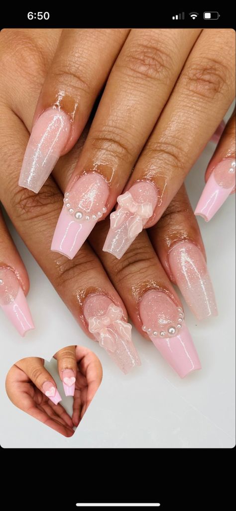 Girly pink nails with pearls and hearts Pink Nails With Pearls, Girly Pink Nails, Nails With Pearls, Sharp Nails, Kawaii Nails, Nail Inspiration, Pink Pearl, Pink Nails, Nails Inspiration