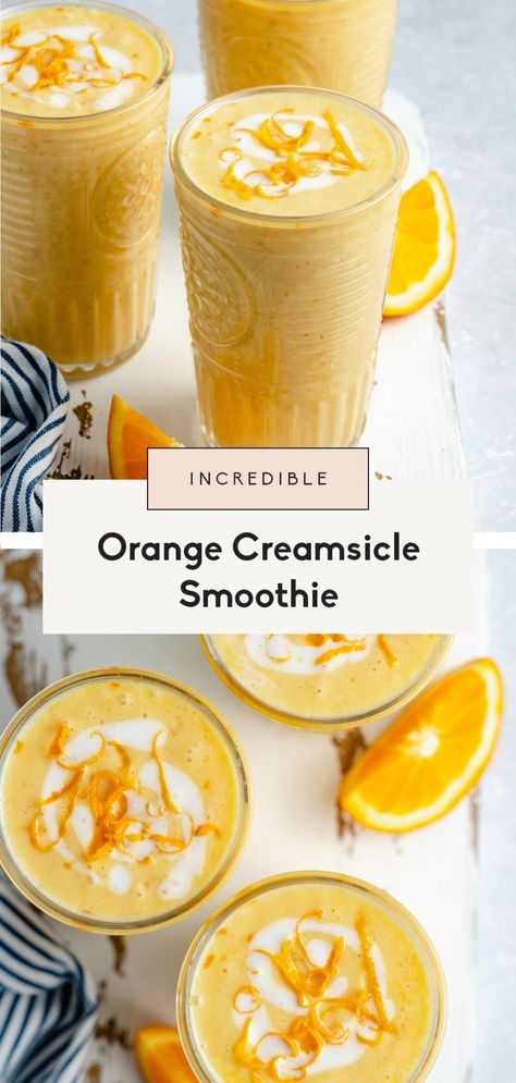 Refreshing orange creamsicle smoothie that tastes just like the summer treat you grew up on! This simple and delicious orange smoothie recipe is made without banana, naturally sweetened and has a sneaky boost of veggies. You'll make this one all year long! #orange #smoothie #healthybreakfast #healthysnack Dairy Free Greek Yogurt, Orange Creamsicle Smoothie, Orange Julius Smoothie, Orange Smoothie Recipes, Creamsicle Smoothie, 30 Diet, Joe Cross, Veggie Smoothies, Orange Smoothie