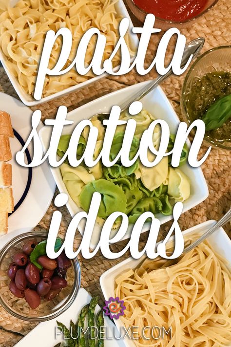 Check out these awesome mix-and-match pasta station ideas for your next pasta party. #pastapartyideas #pastapartybuffet #pastaforrunners Pasta Ideas For Party, How To Host A Pasta Bar Party, Pasta Buffet Ideas Food Bars, Pasta Bars For Parties, Pasta Party Ideas Team, Banquet Meals Ideas Food, Pasta Bar Ideas Buffet Dinner Parties, Pasta Station Ideas Parties, Serving Pasta At A Party