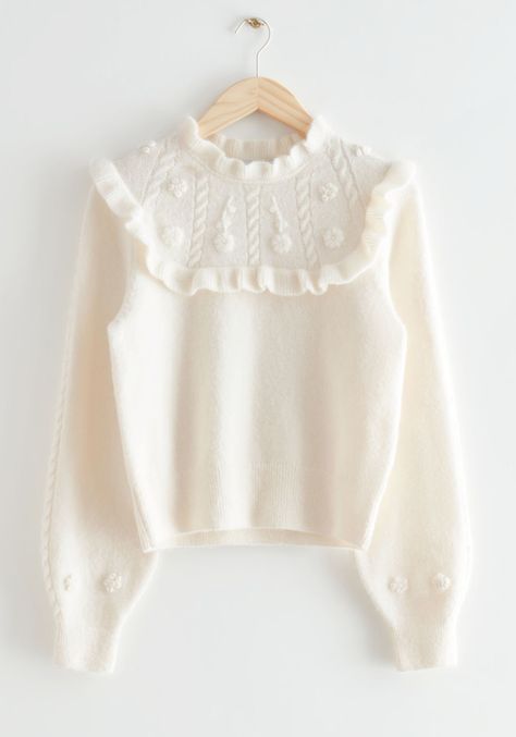 18 Frill Detail Knits We Love | sheerluxe.com Sweater Embroidery, Embroidery Sweater, White Sweater, Fashion Story, Cool Sweaters, Cozy Knits, Fashion Outlet, Cut Jeans, Knitwear Women