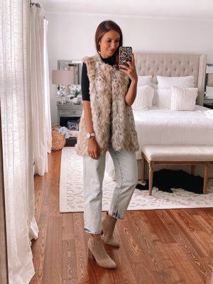 Fur Vests Outfits, Vests Outfits, Faux Fur Vests Outfits, Fur Vest Outfit, Fur Vest Outfits, Vest Jeans, Fur Vests, Walmart Finds, Faux Fur Vest